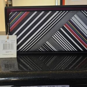 NWT Trina Turk Black and White Striped Zip Around Wallet with Colorful Accents